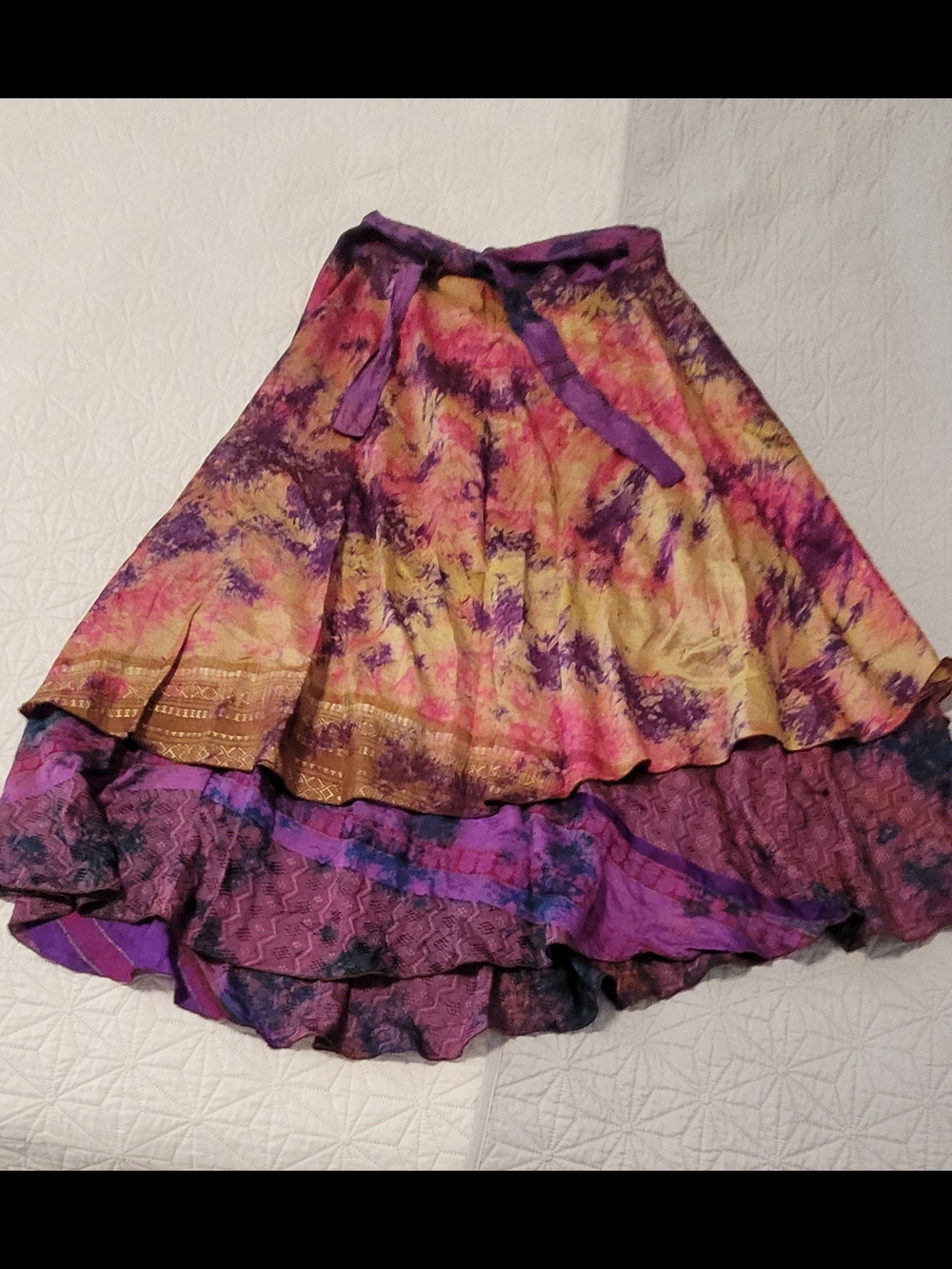 Boho Tiered Purple and Yellow Tie-Dye Maxi Skirt